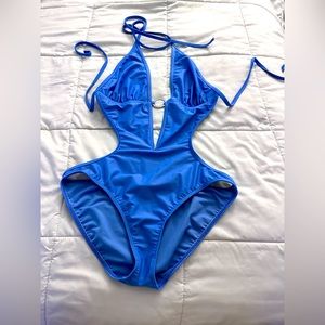 Blue one piece monokini.